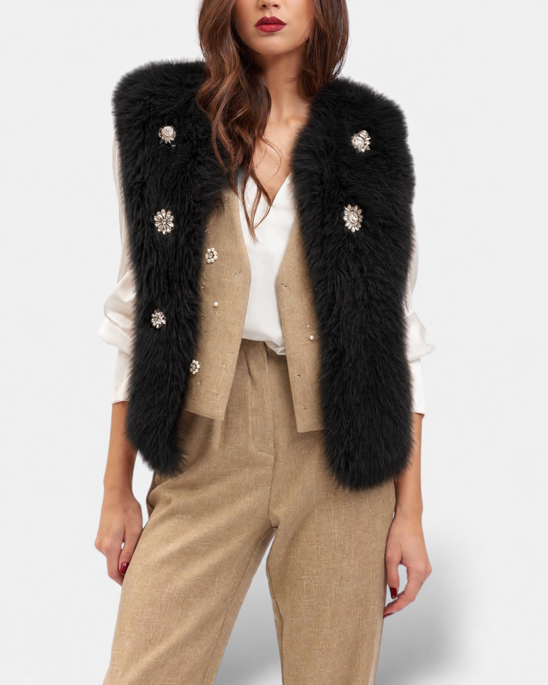 KORALLINE - Gilet in pelliccia con applicazione gioiello donna