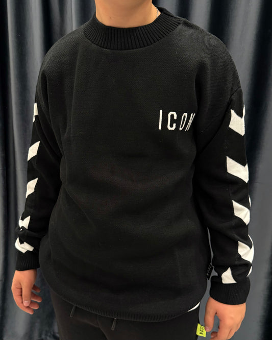 ICON - Maglia nera con logo bianco e maniche con dettagli bambino