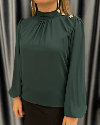 JE-NE - Blusa verde con bottoni gioiello