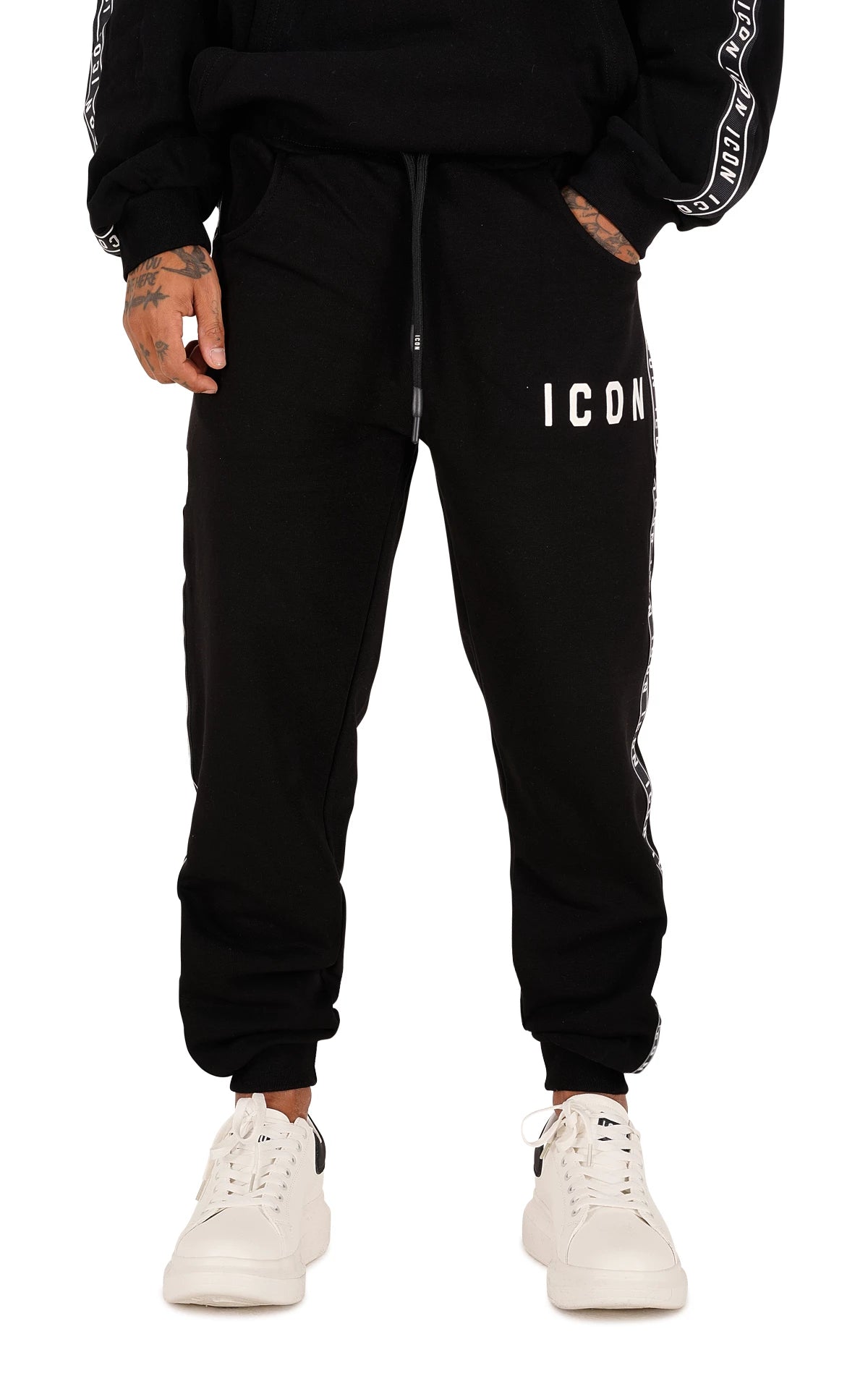 ICON - Pantalone nero con bande laterali bianche uomo