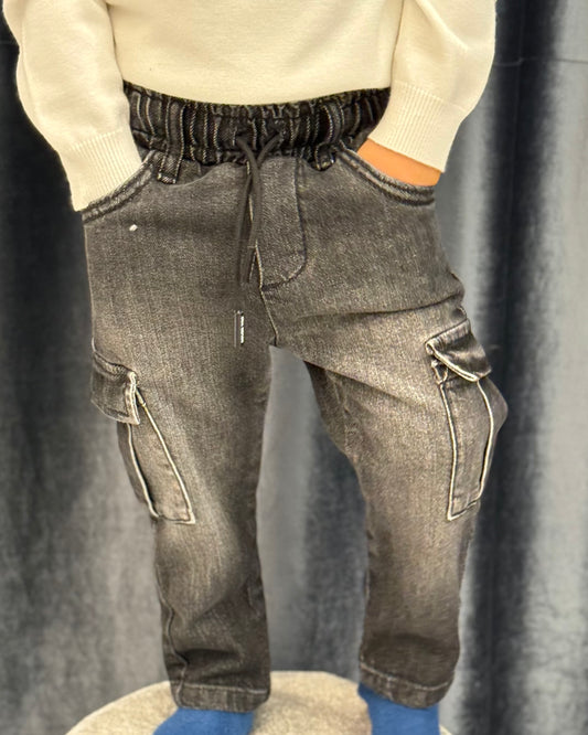 NEVER TOO - Jeans cargo nero con tasconi bambino