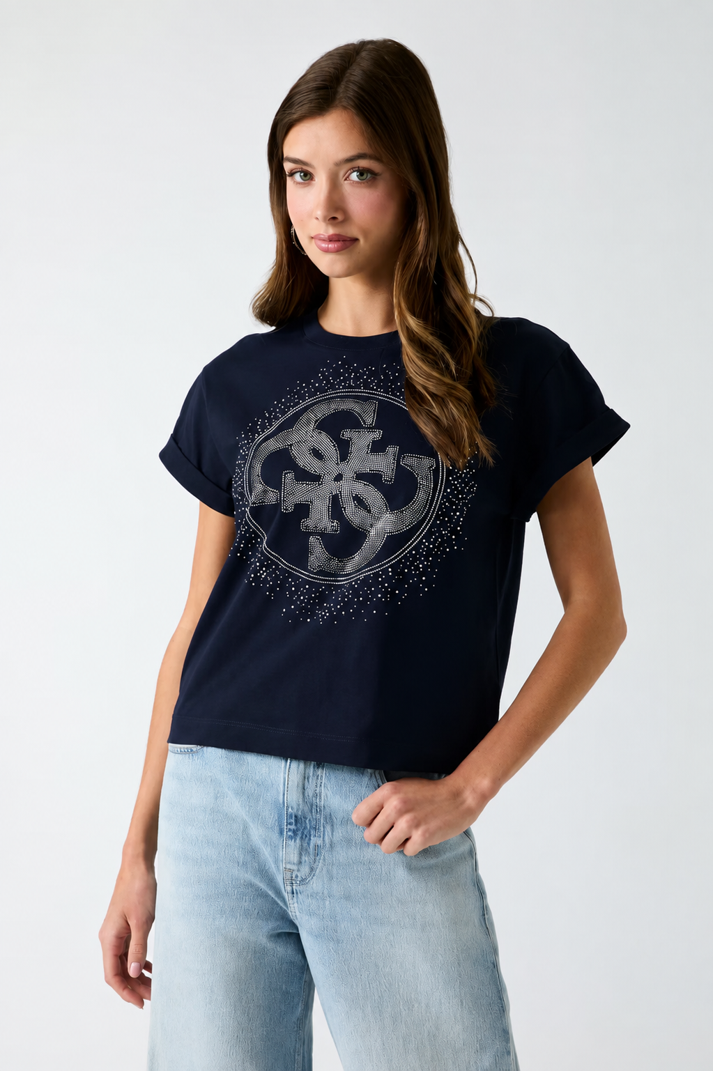GUESS - T- shirt con logo in strass donna