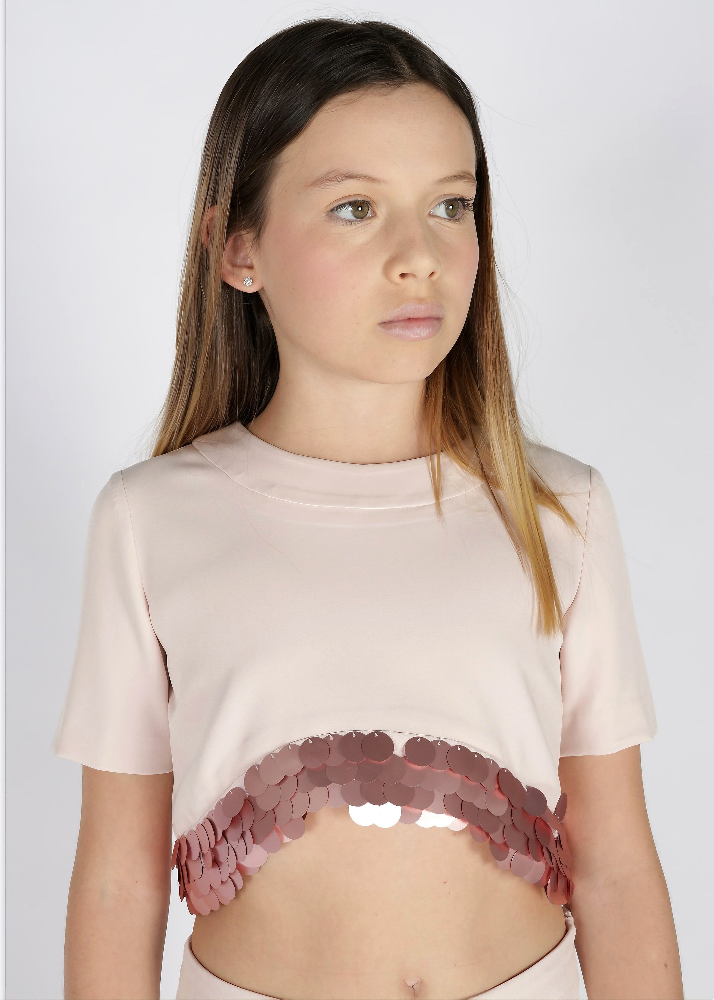 FUN FUN - COUTURE -  Top rosa cipria con maxi paillettes