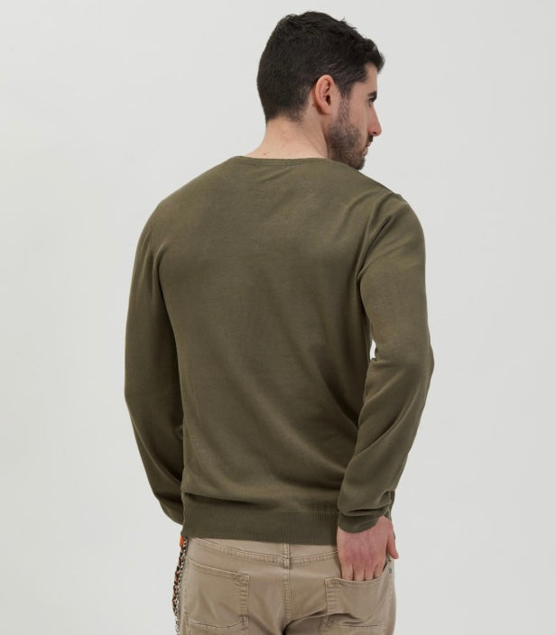 GIANNI LUPO - Maglioncino girocollo verde militare in lana rasata uomo