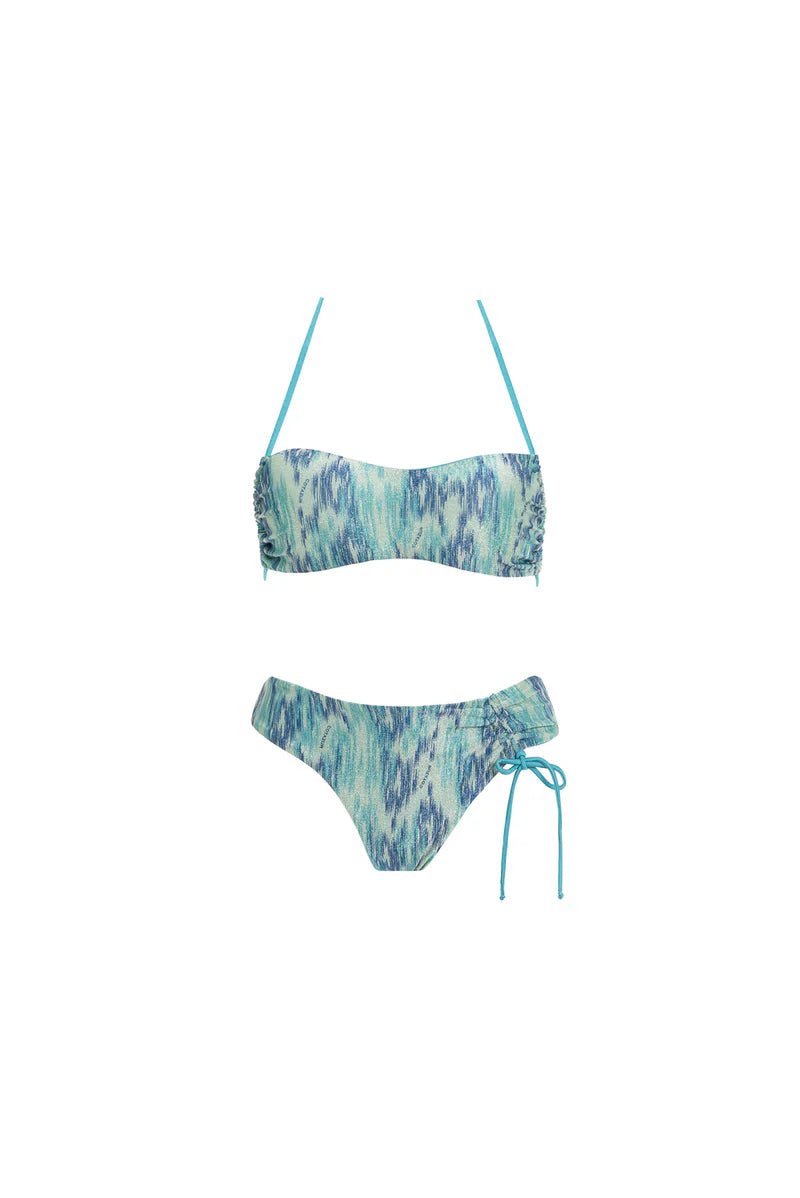 COTAZUR - Bikini fascia azzurro lurex a fantasia con slip brasiliano donna