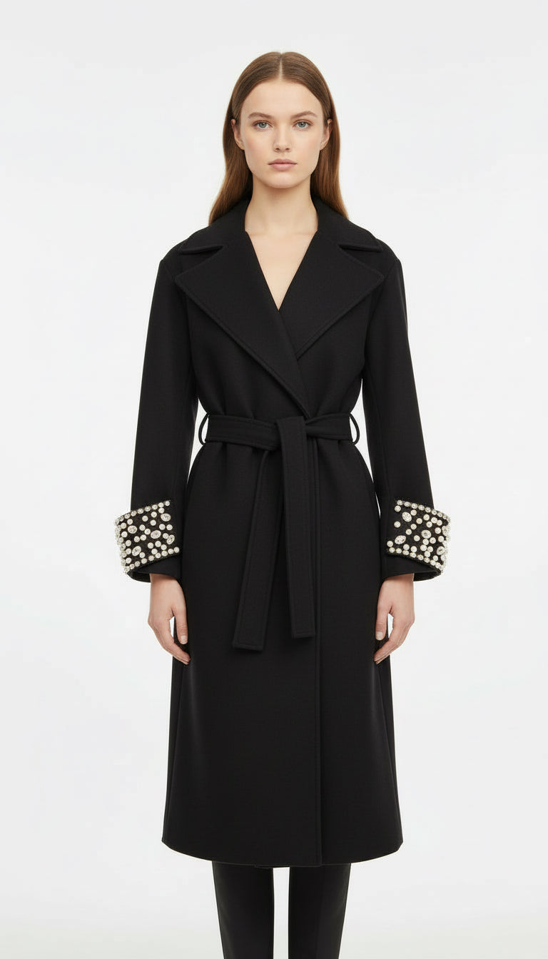 DRAMEE - Cappotto lungo con applicazioni e cintura donna