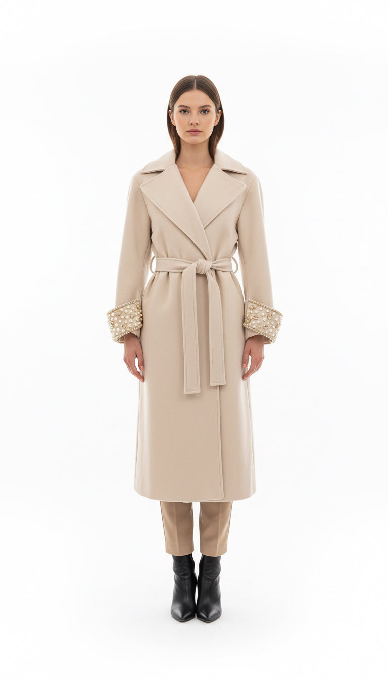 DRAMEE - Cappotto lungo con applicazioni e cintura donna