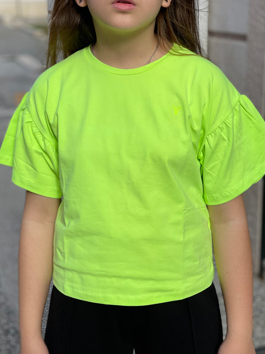 FUN FUN - T-shirt verde lime con manica a sbuffo e logo tono su tono