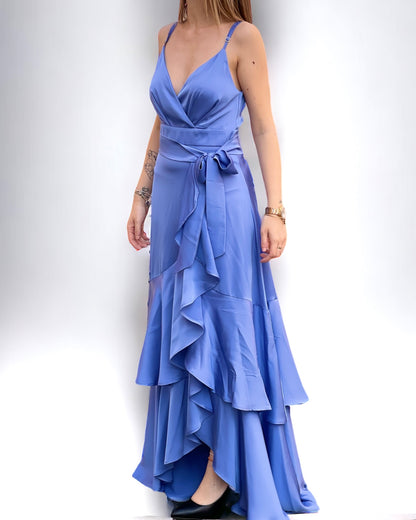 DRAMEE - Abito cielo in satin con doppia balza donna