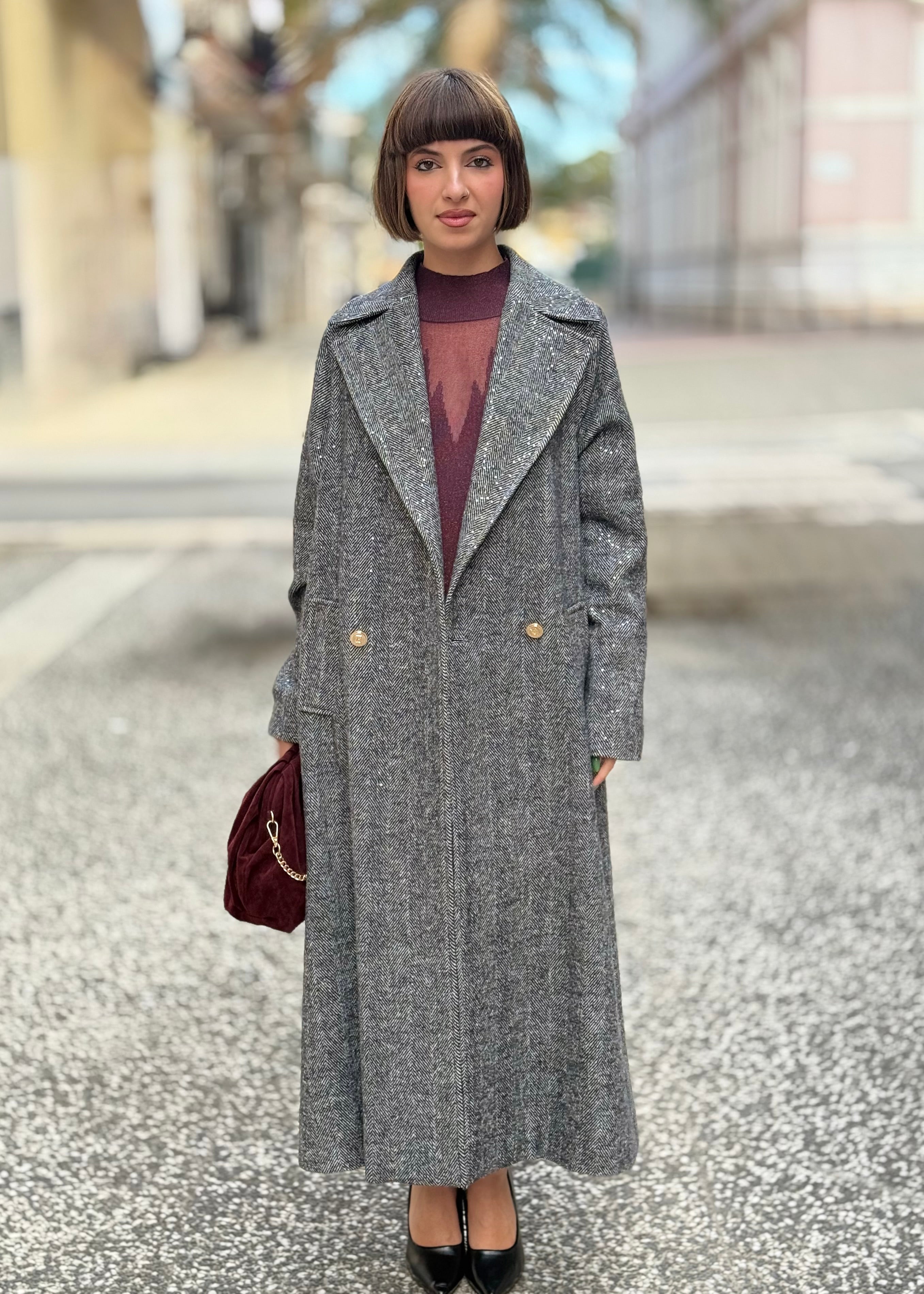 DIGITAL - Cappotto lungo con micro paillettes e bottoni oro donna