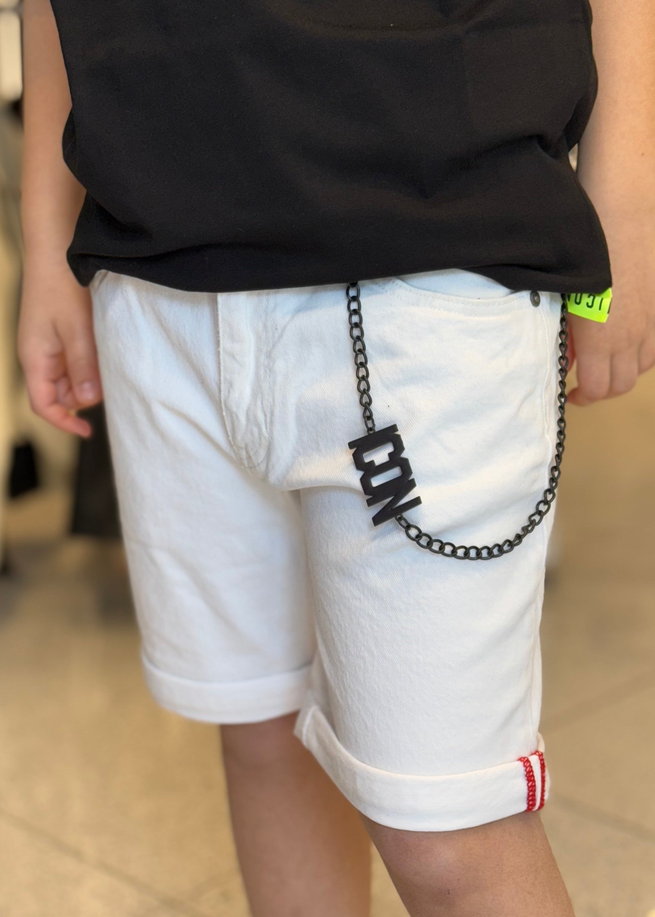 ICON - Bermuda bianco in denim con logo e catena bambino