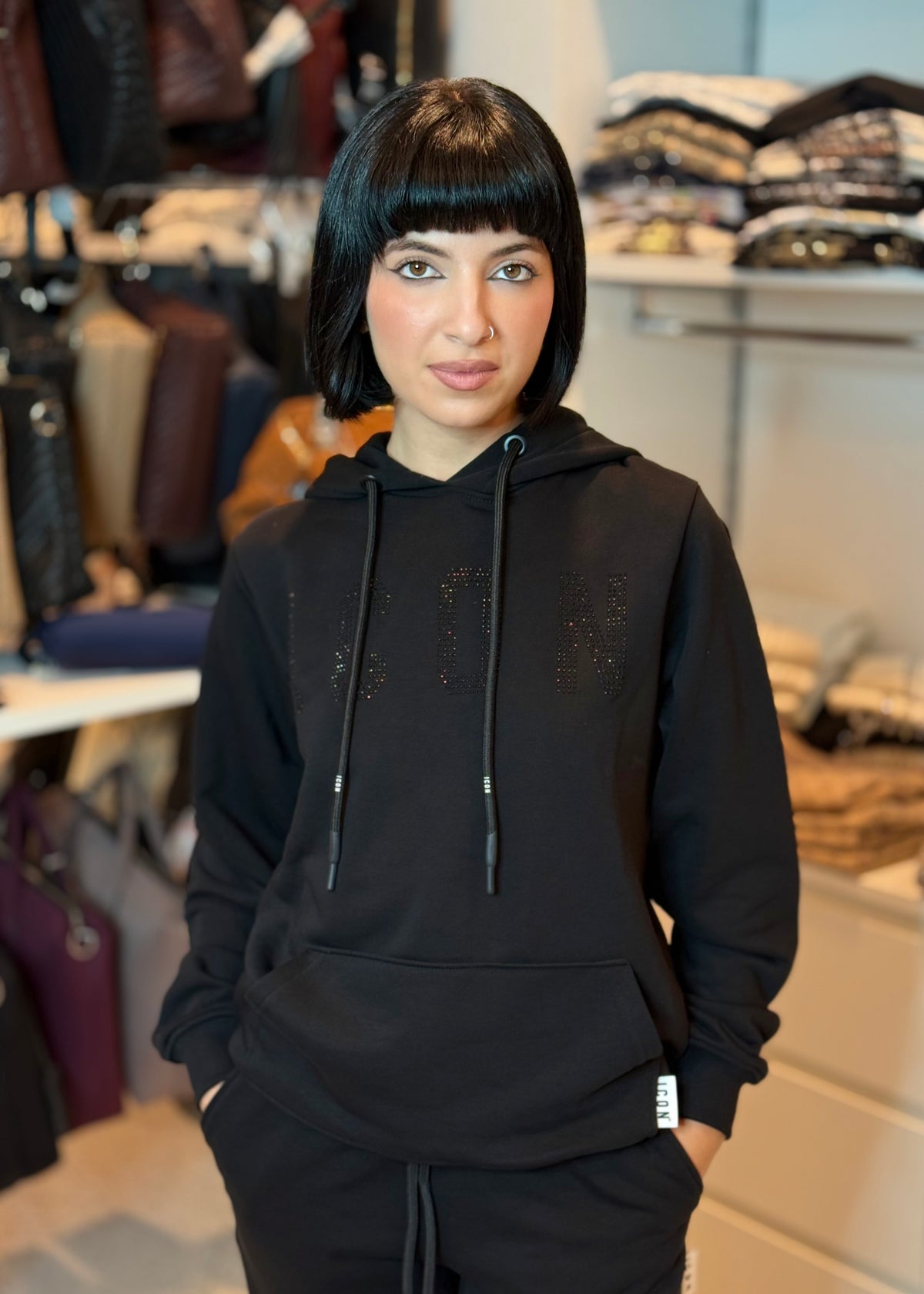 ICON - Felpa con cappuccio e logo in strass donna
