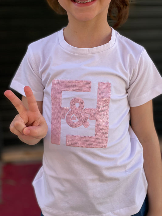 FUN FUN - T-shirt bianca con logo in paillettes rosa