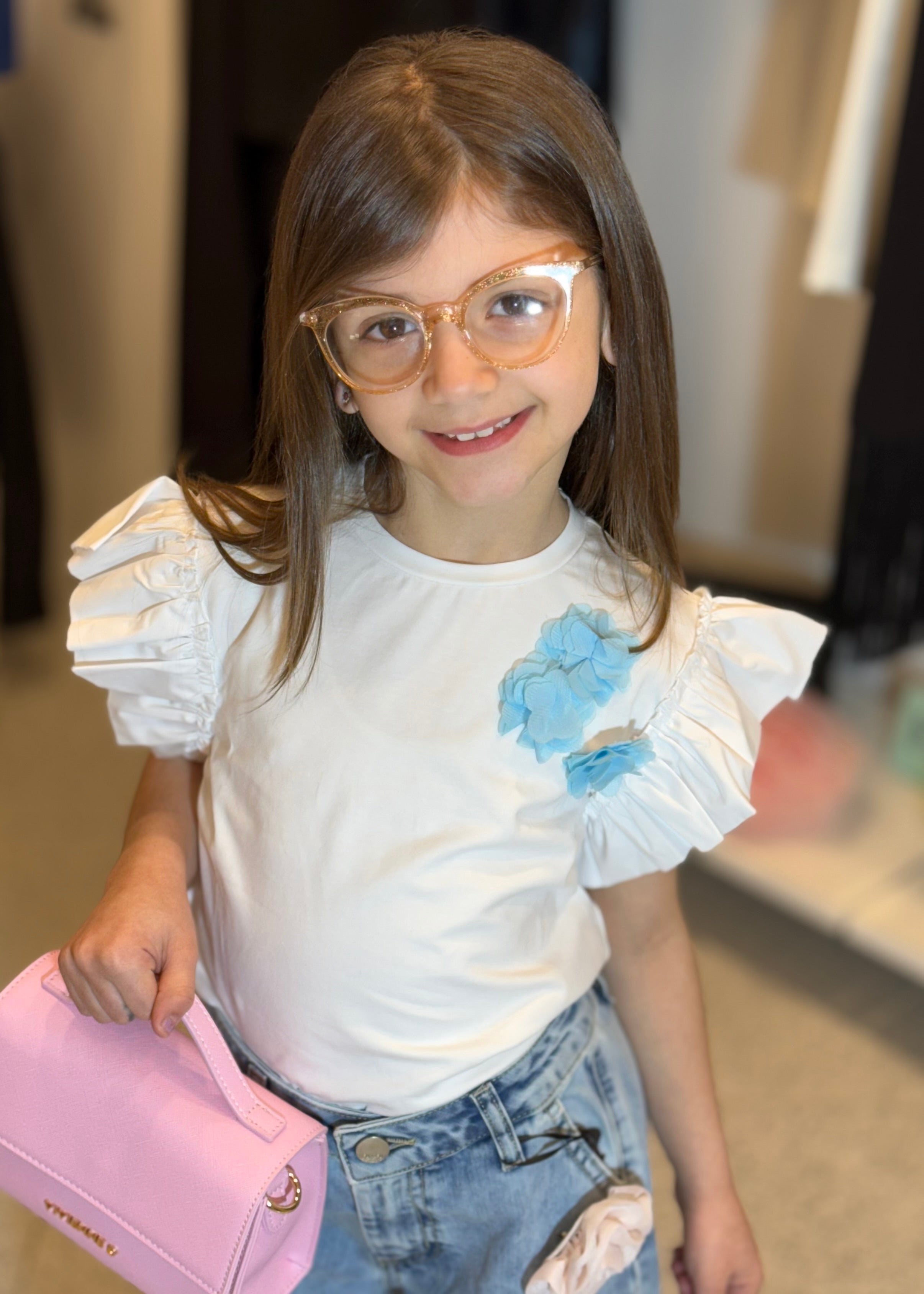 JANICE - T-shirt bianca con fiore azzurro