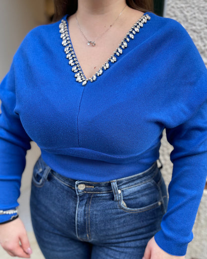 JE-NE - Maglia in lana blu con applicazioni gioiello