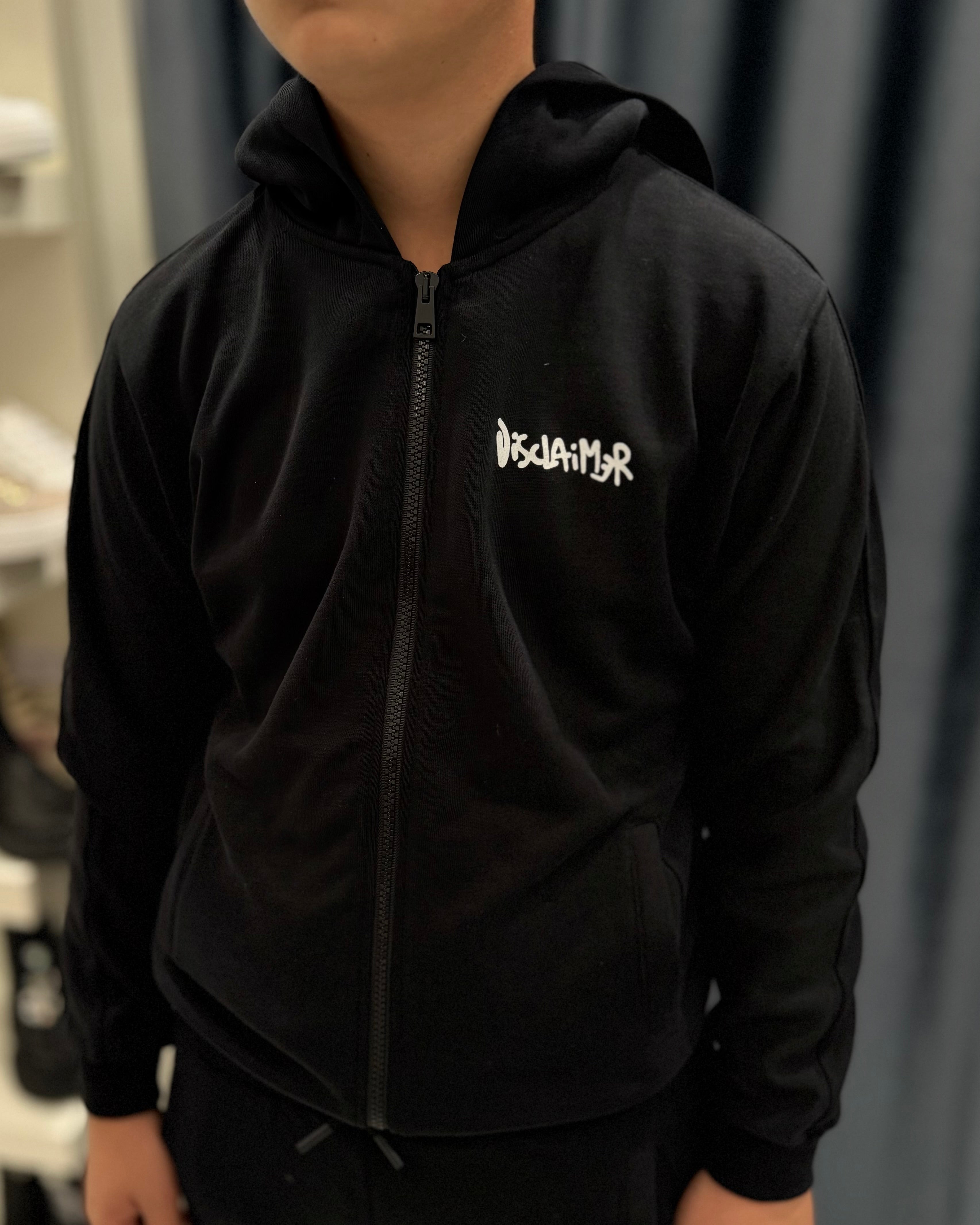DISCLAIMER - Felpa nera con zip e cappuccio con maxi logo bambino