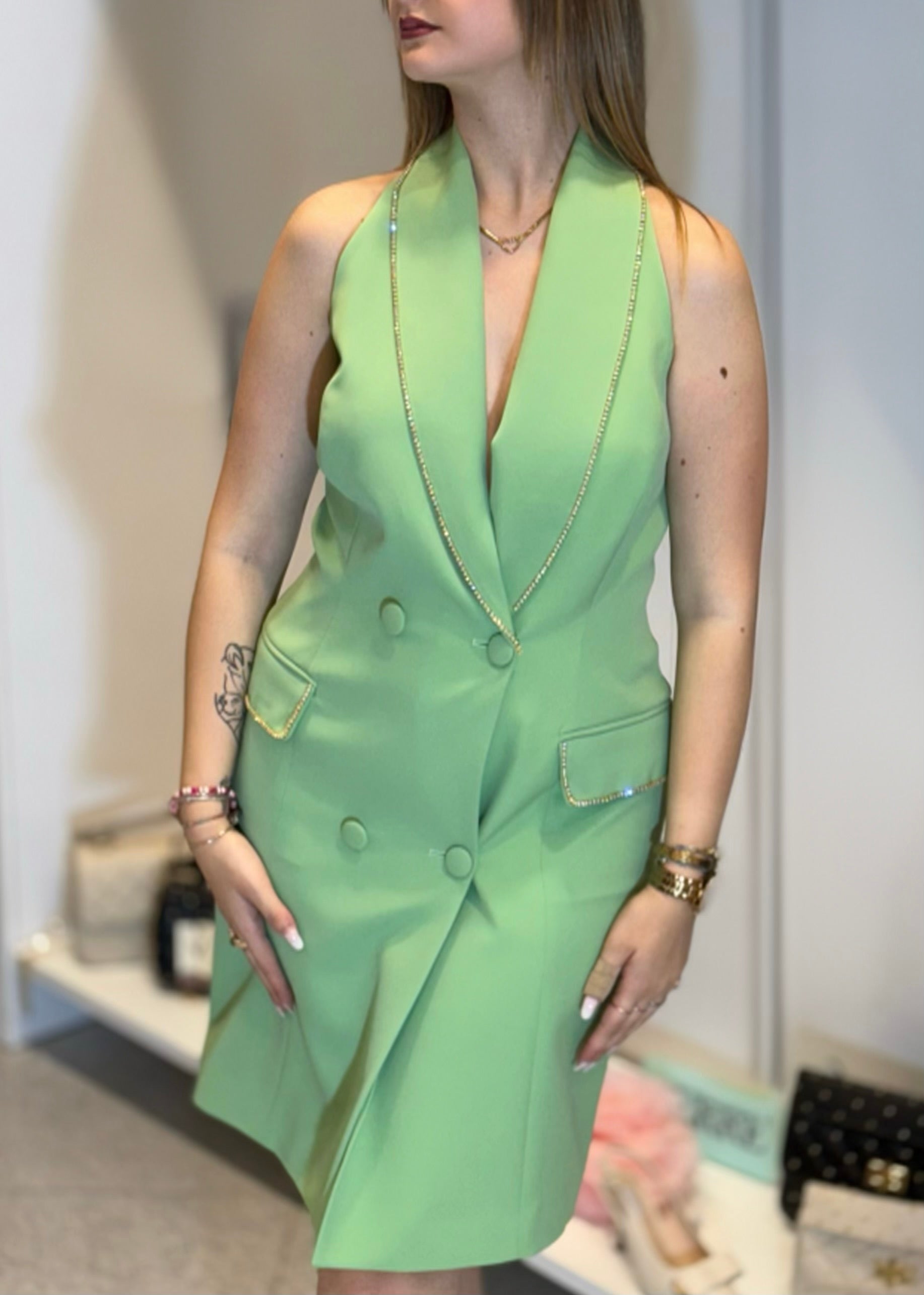 DRAMEE - Abito giacca verde aloe con strass donna