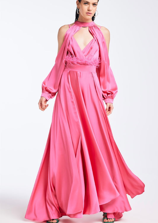 DRAMEE - Abito rosa in satin con piume donna