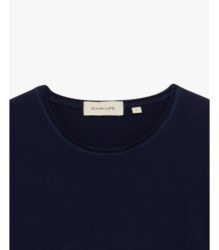 GIANNI LUPO - T-Shirt a mezza manica con orlo a taglio vivo blu