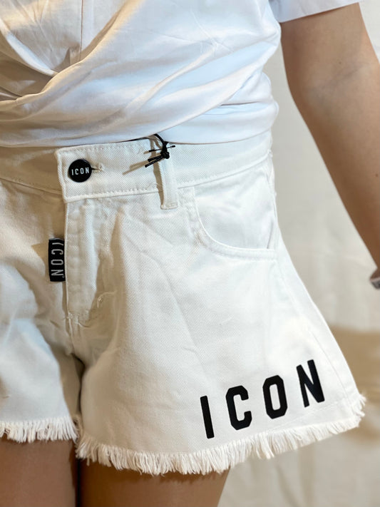 ICON - Short bianco in denim con logo nero bambina
