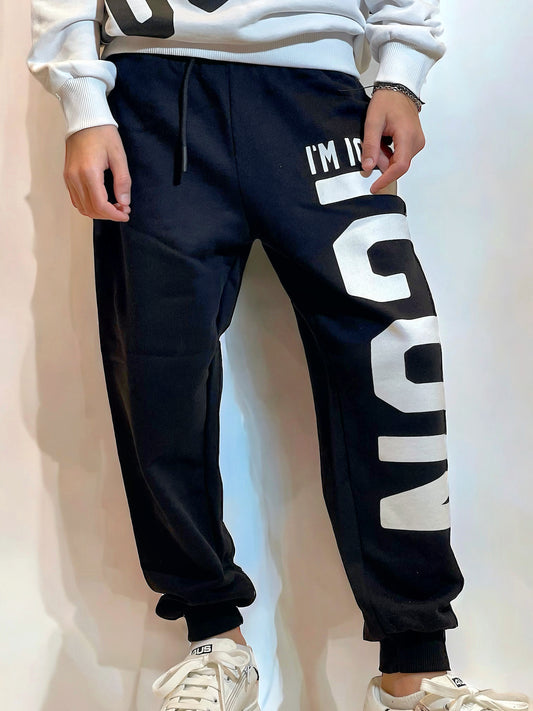 ICON - Pantalone nero lungo con logo bianco  bambino