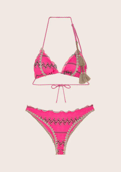 F**K - Bikini triangolo con slip fisso fucsia a fantasia donna