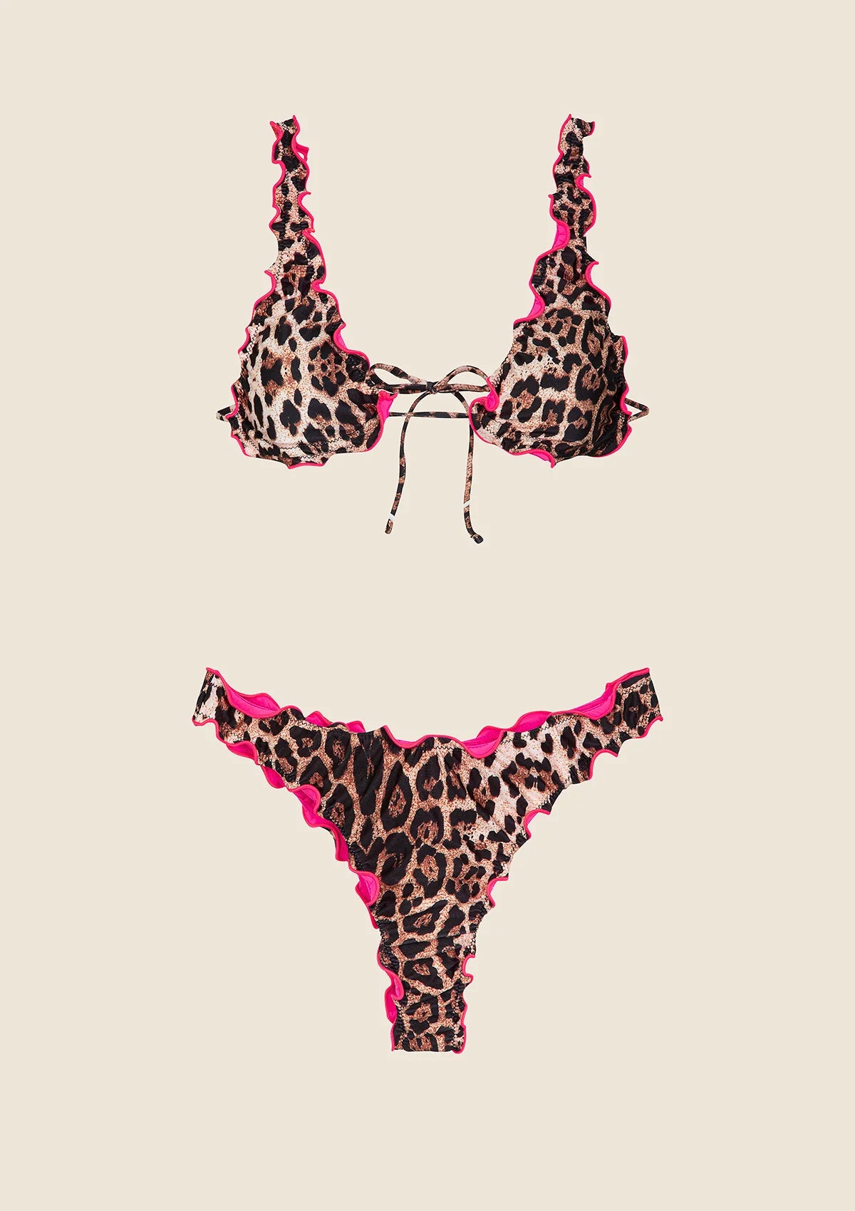 F**K - Bikini triangolo con slip fisso americano maculato con bordi fucsia donna