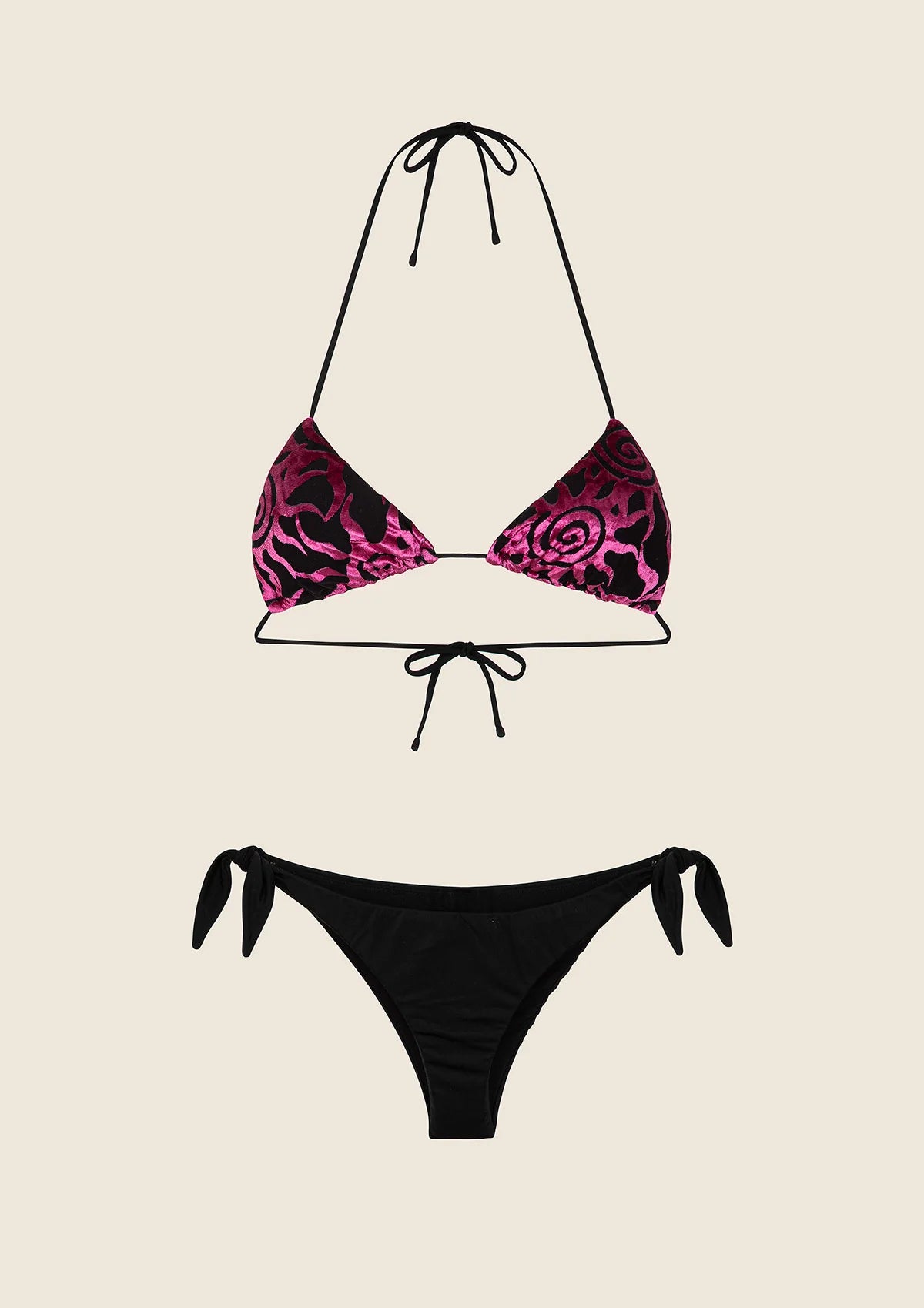 F**K - Bikini triangolo con slip brasiliano regolabile nero e fucsia in velluto donna