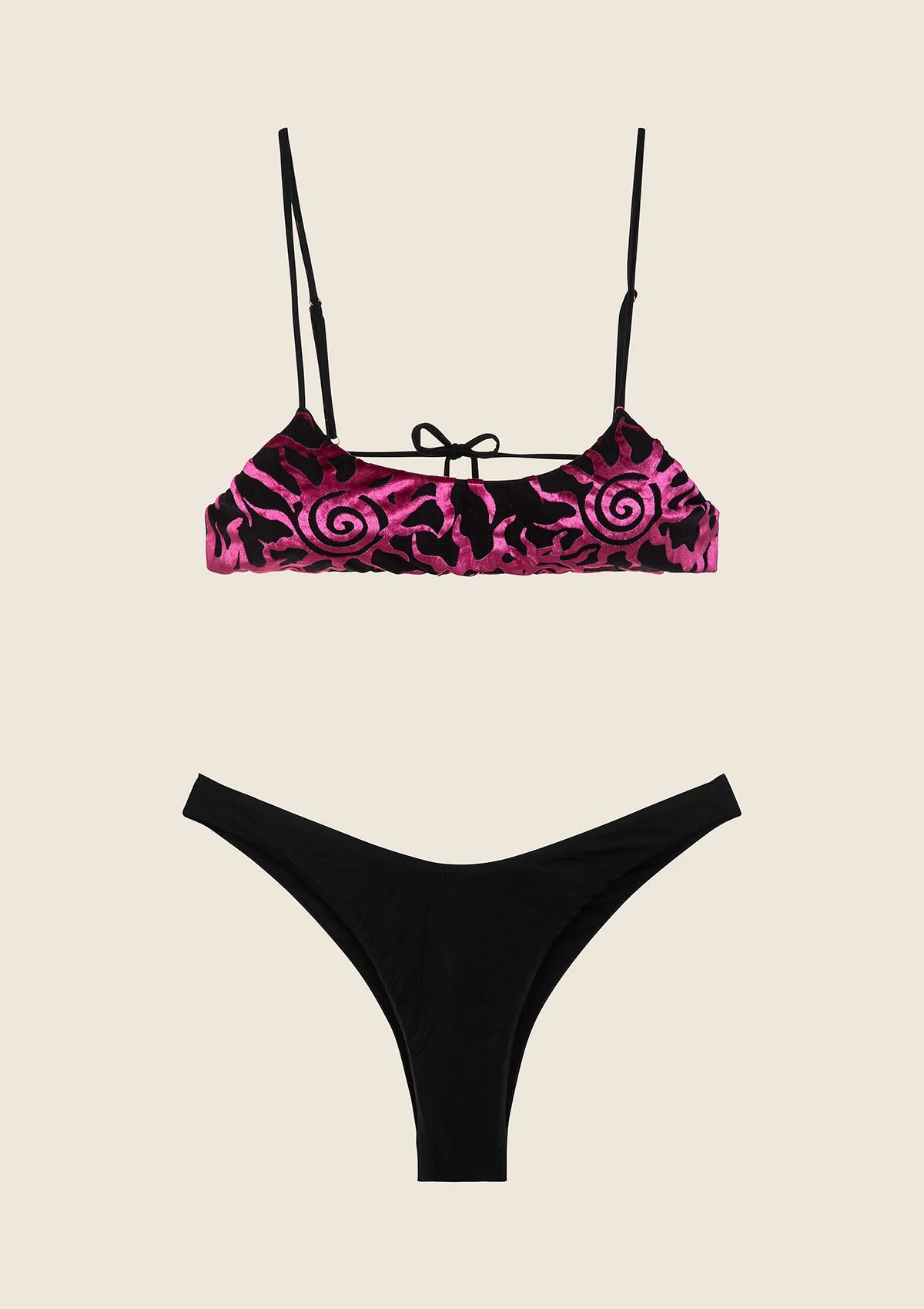 F**K - Bikini top con slip brasiliano fisso nero e fucsia in velluto donna