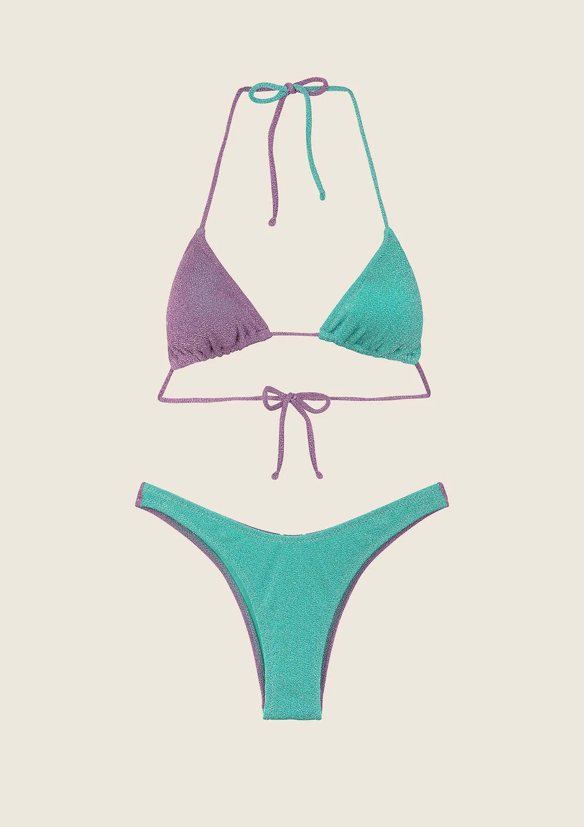 F**K - Bikini triangolo con slip brasiliano fisso lurex lilla e verde acqua donna