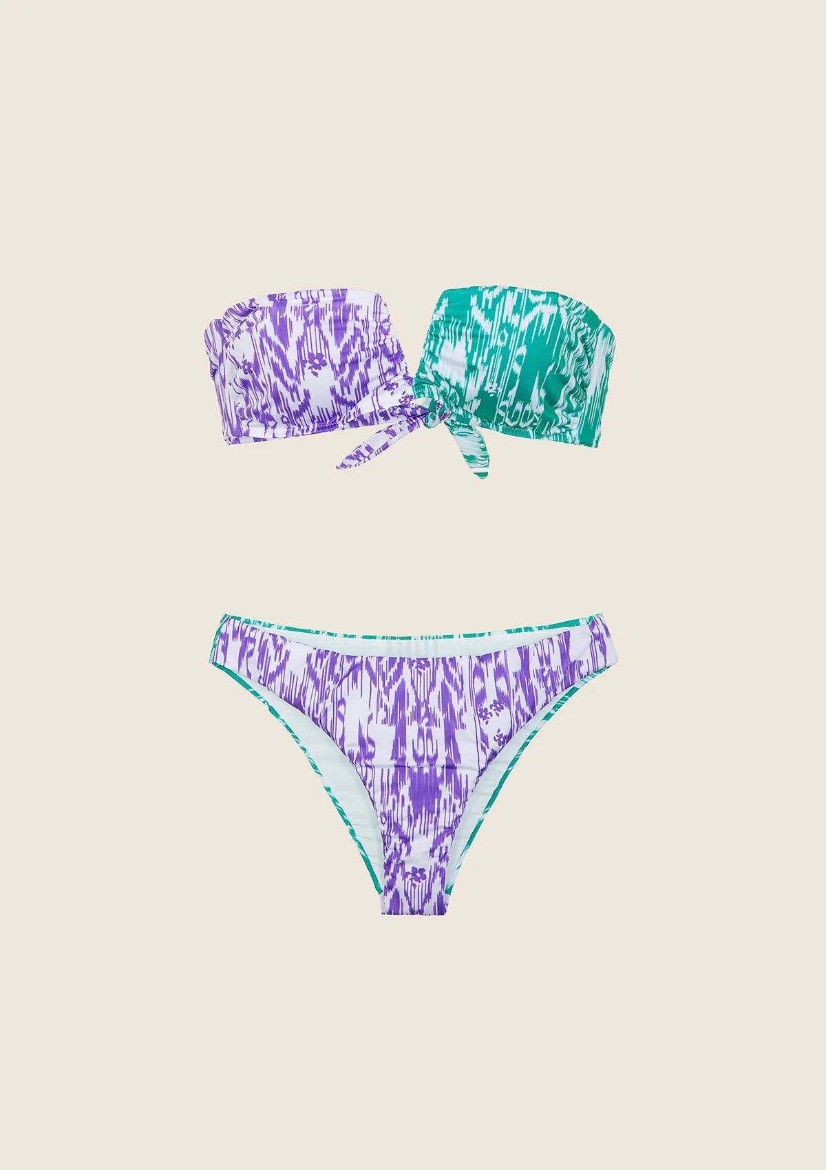 F**K - Bikini fascia a V con slip brasiliano fisso viola e bianco donna