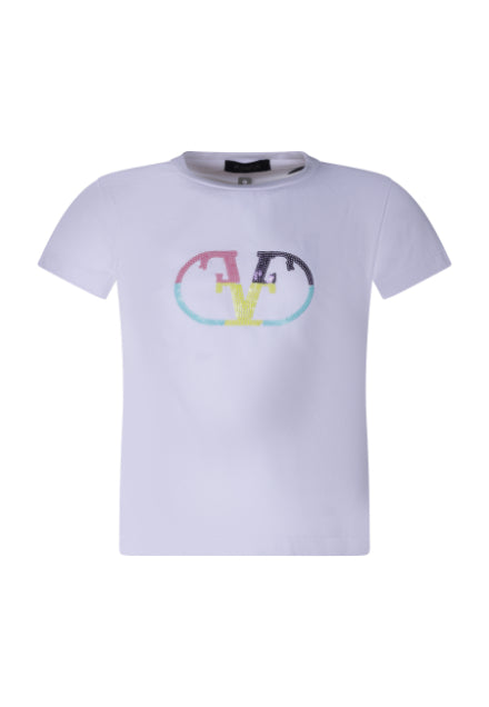 FUN FUN - T-shirt bianca con logo in paillettes multicolor