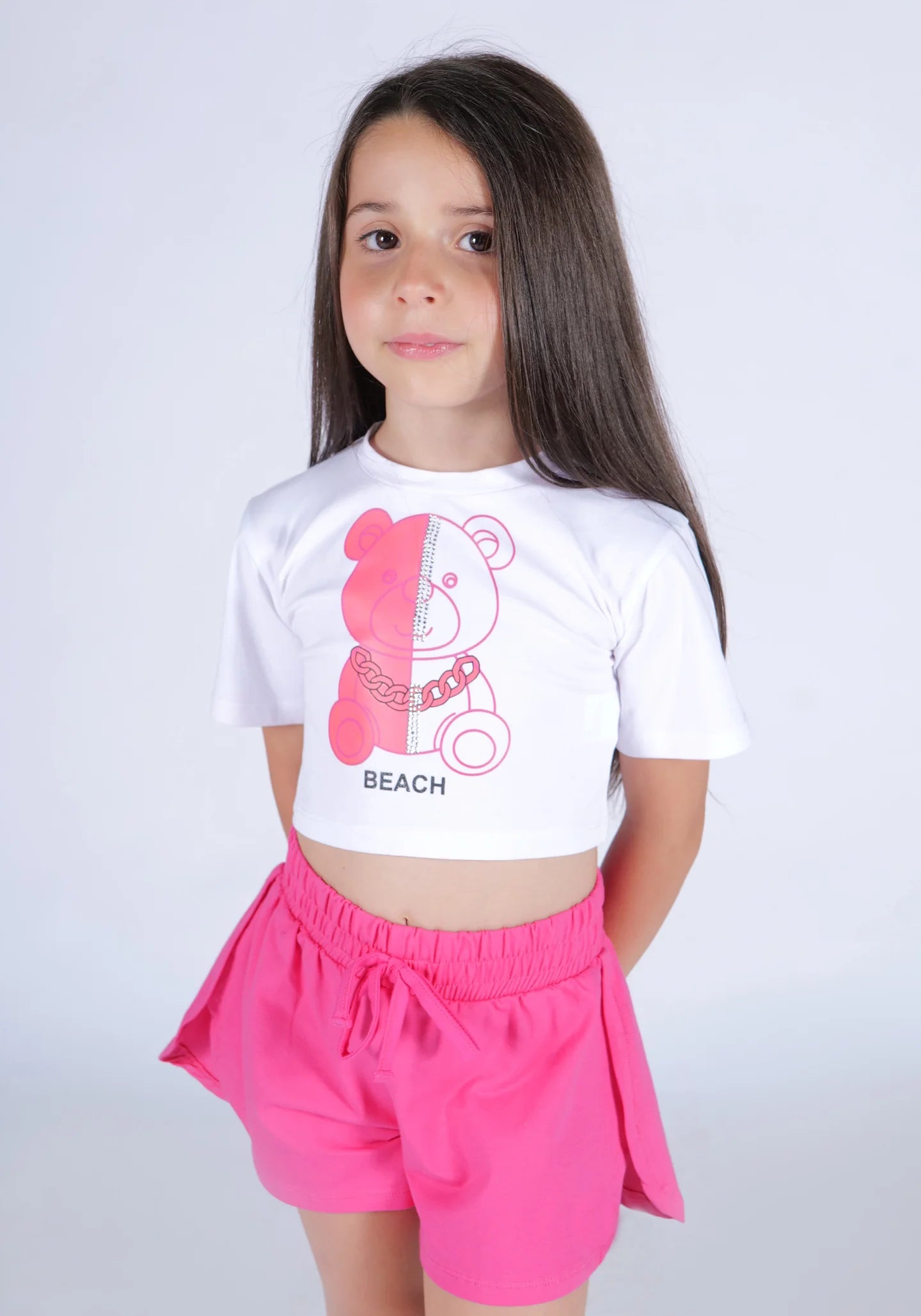 FUN FUN - SET COMPLETO - T-shirt bianca con orso e short fucsia bambina