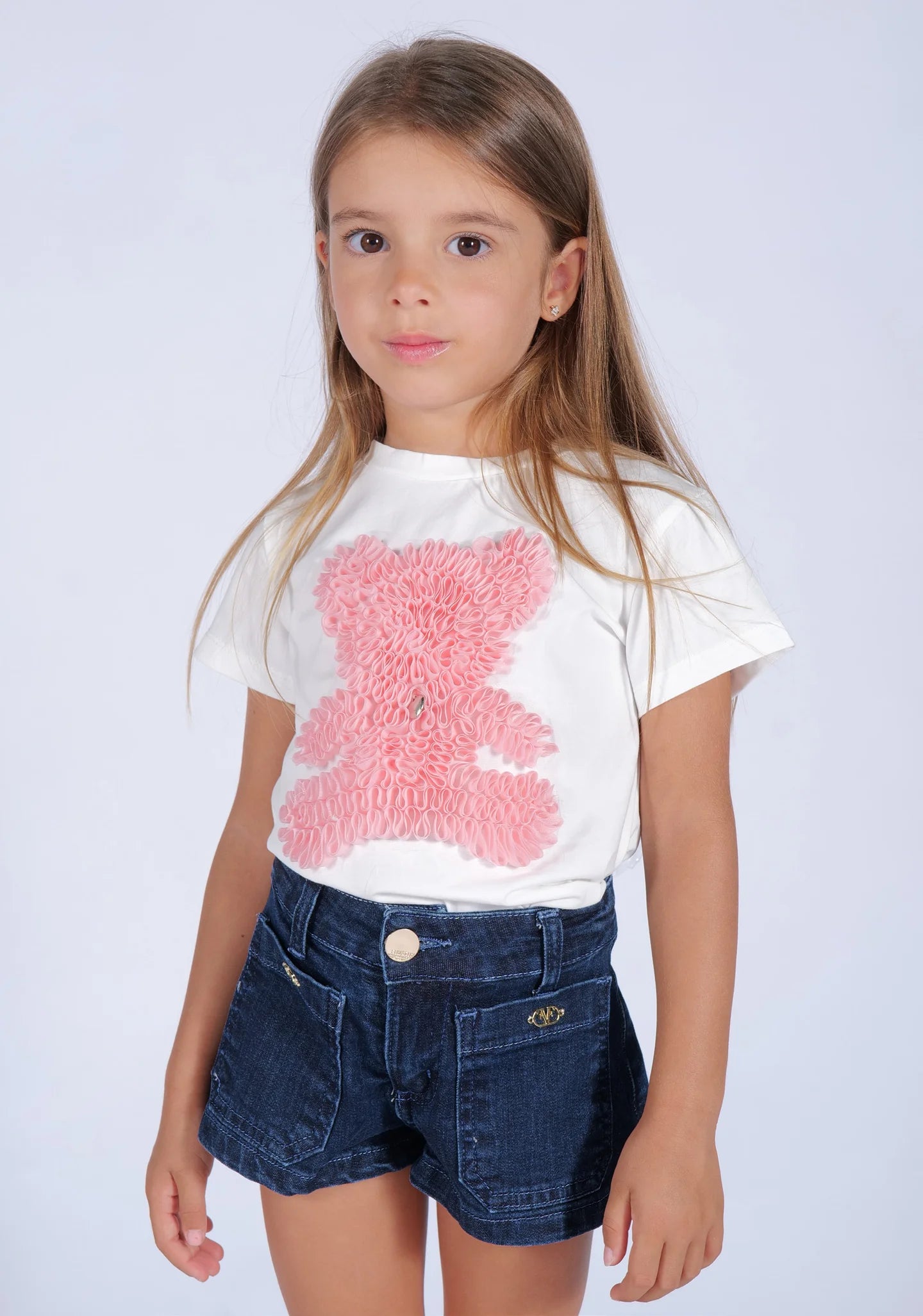 FUN FUN - T-shirt bianca con orso rosa in tulle bambina