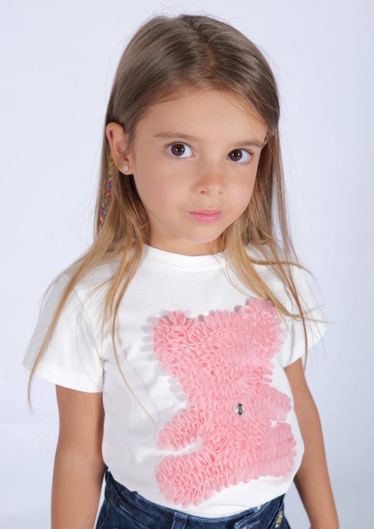 FUN FUN - T-shirt bianca con orso rosa in tulle bambina