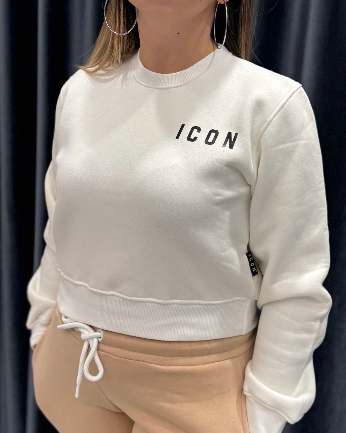 ICON - Felpa crop off white donna con logo