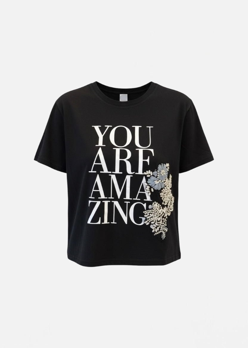 TRASH AND LUXURY - T-shirt nera con stampa e applicazioni donna