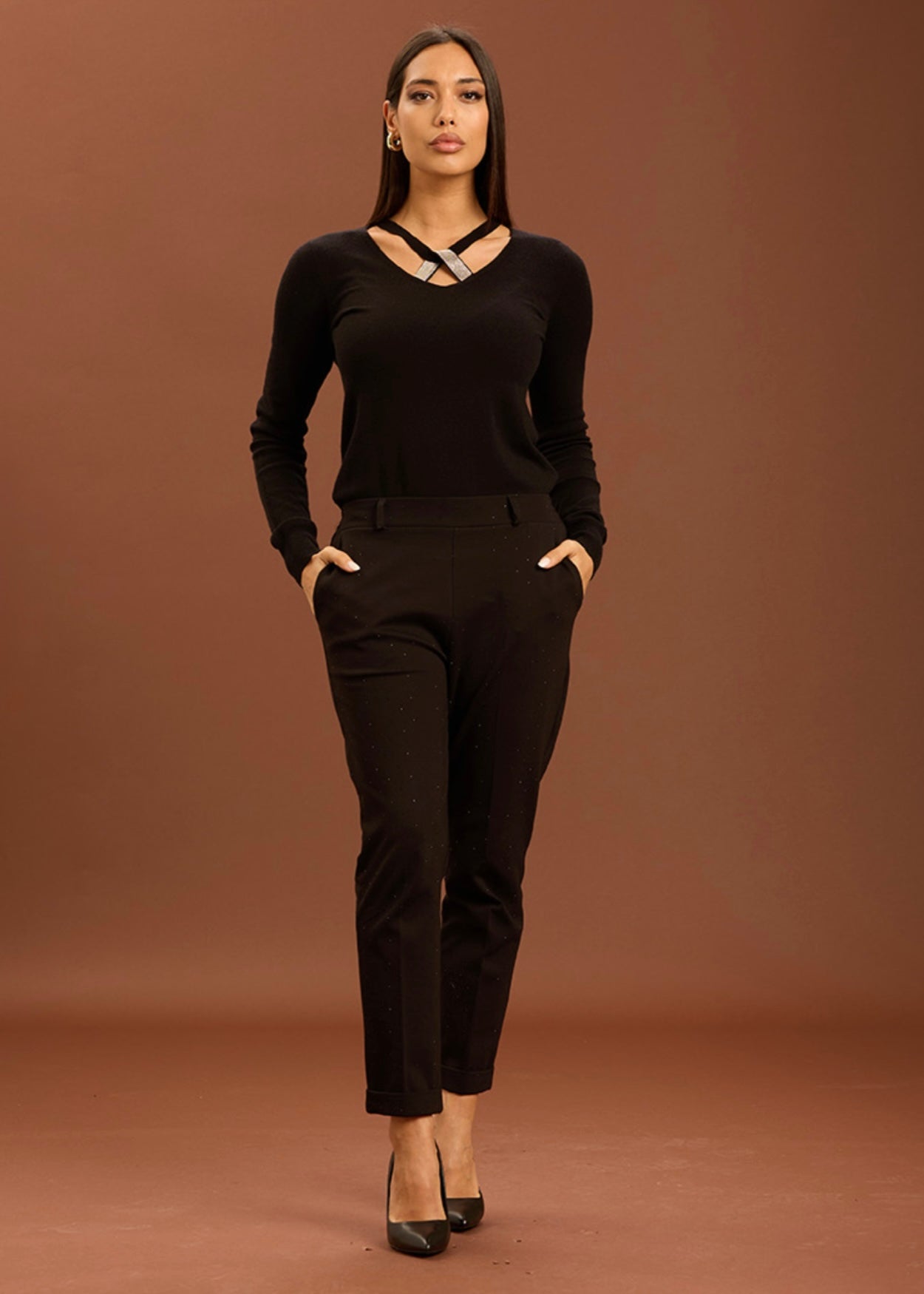 TAKE TWO - Pantalone con strass a sigaretta in punto milano donna