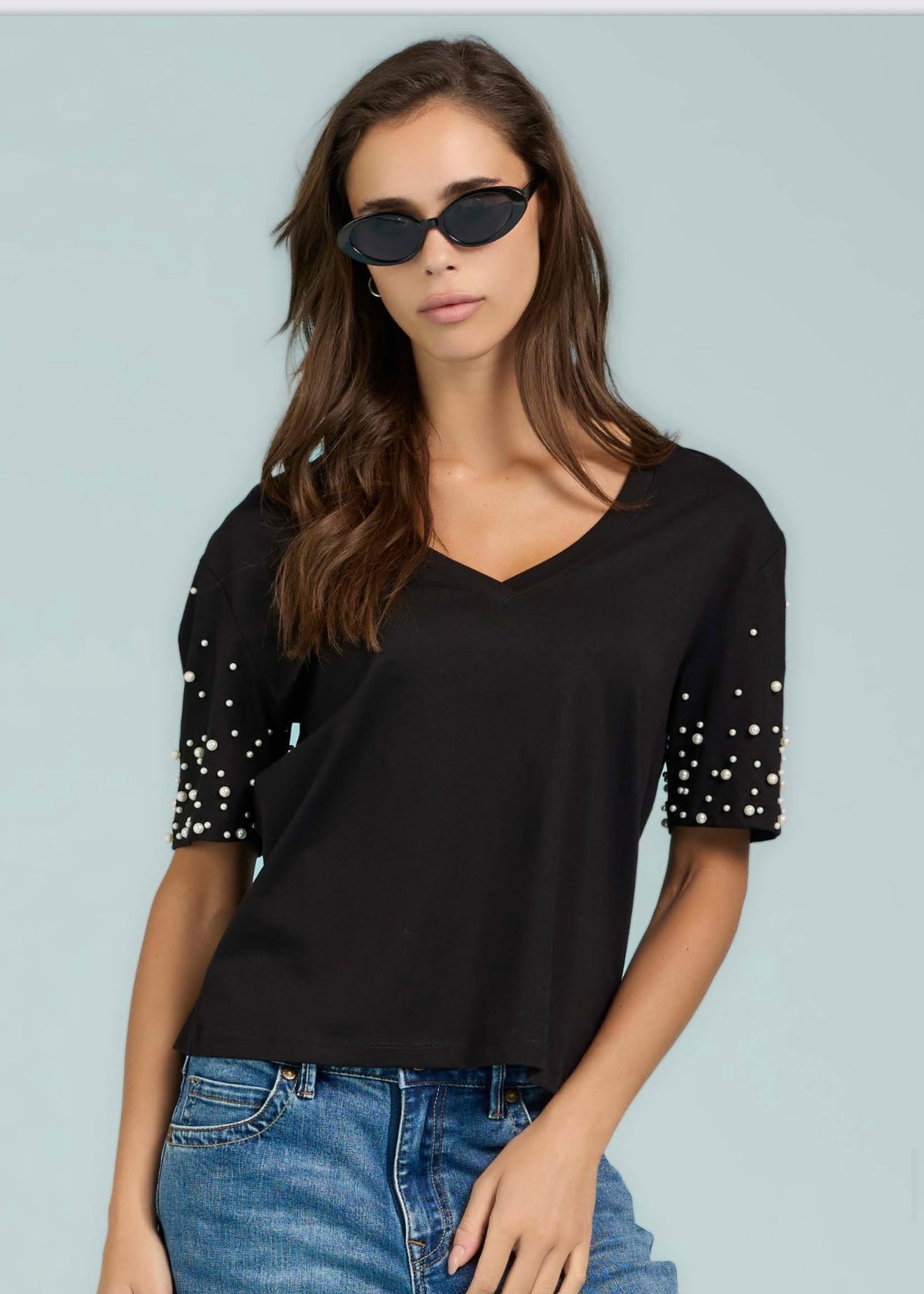 TAKE TWO - T-shirt scollo a V con perle donna