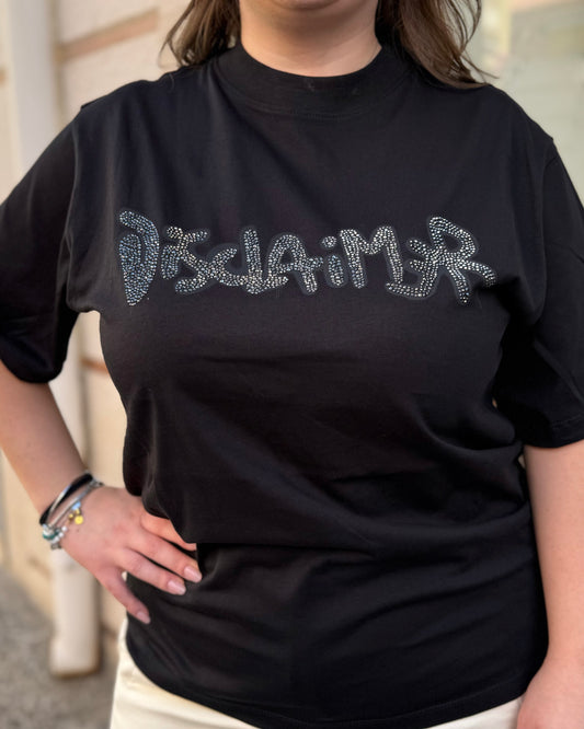 DISCLAIMER - T-shirt nera con logo in strass donna