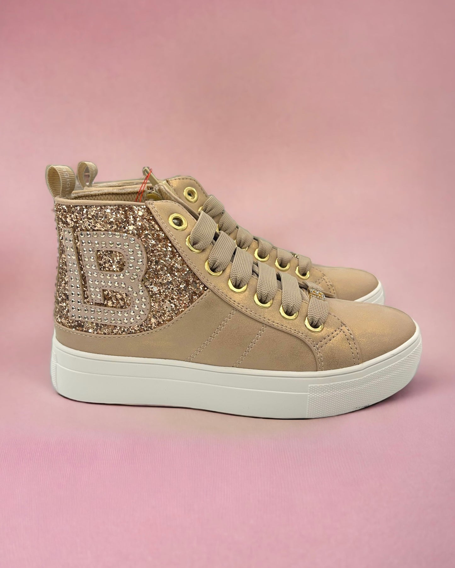 LAURA BIAGIOTTI LOVE - Sneakers dorate con maxi logo e brillantini sul lato