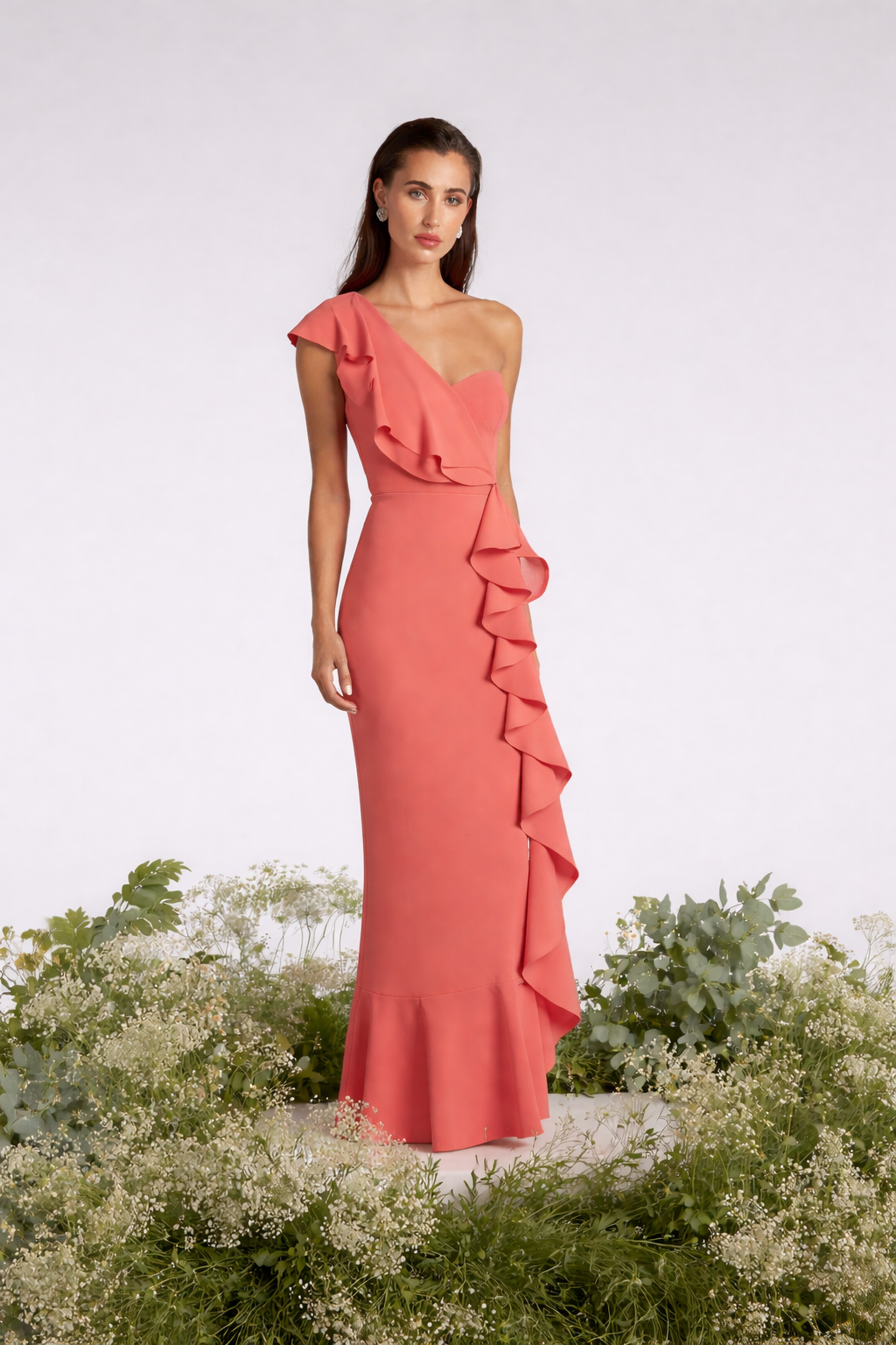 DRAMEE - Vestito lungo monospalla con ruches eleganti  donna