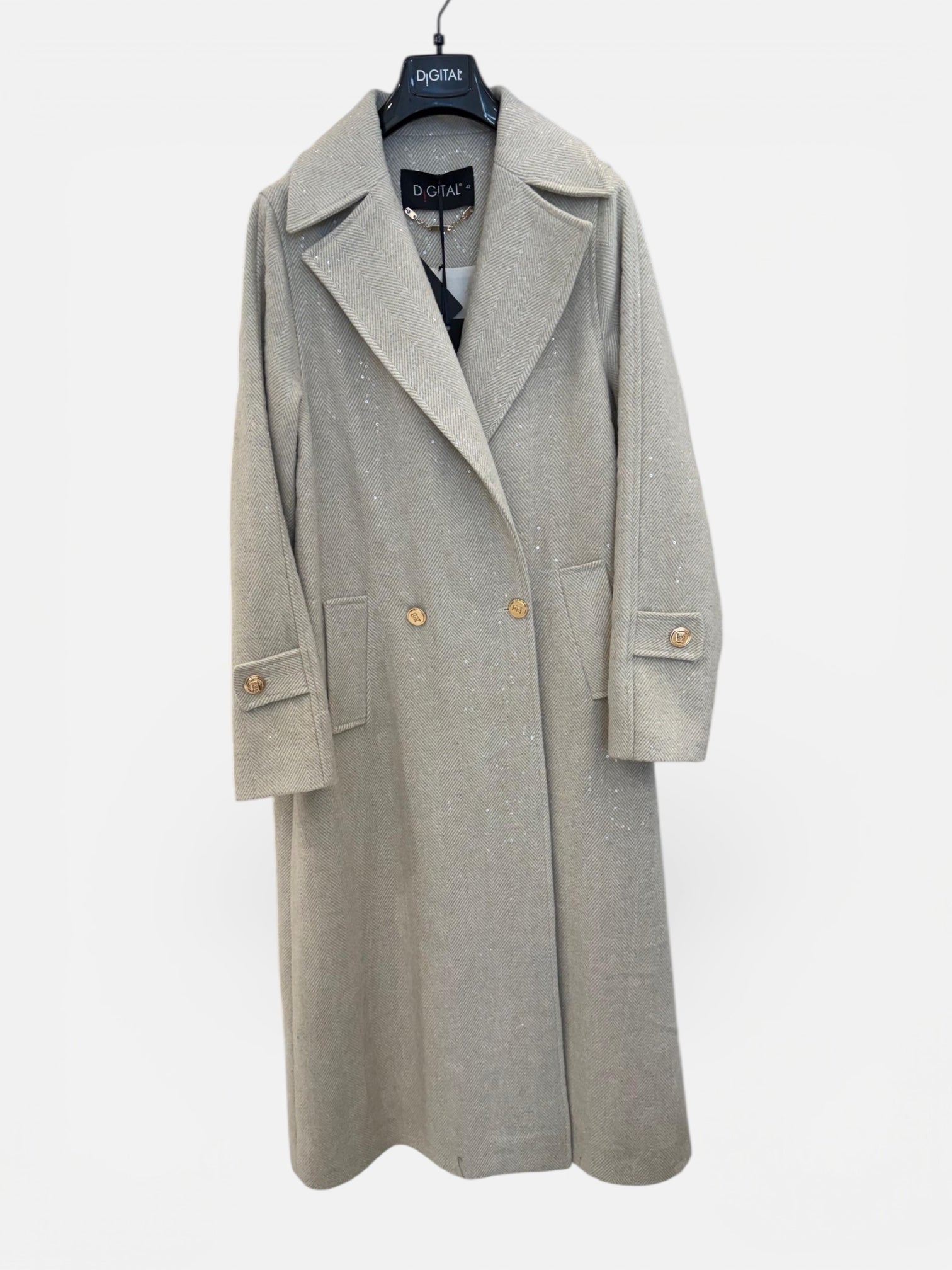 DIGITAL - Cappotto lungo con micro paillettes e bottoni oro donna