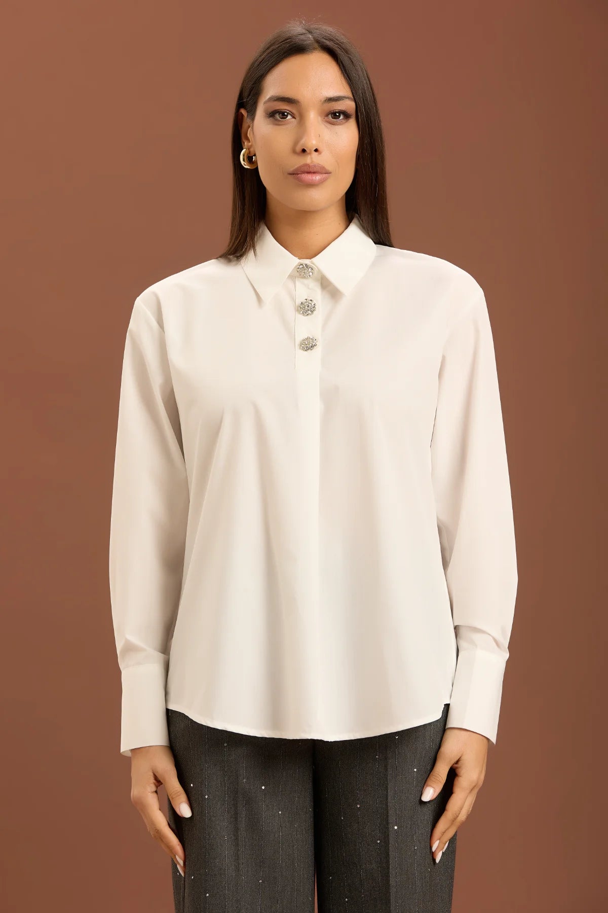 TAKE TWO - Camicia over in cotone con applicazione in strass donna