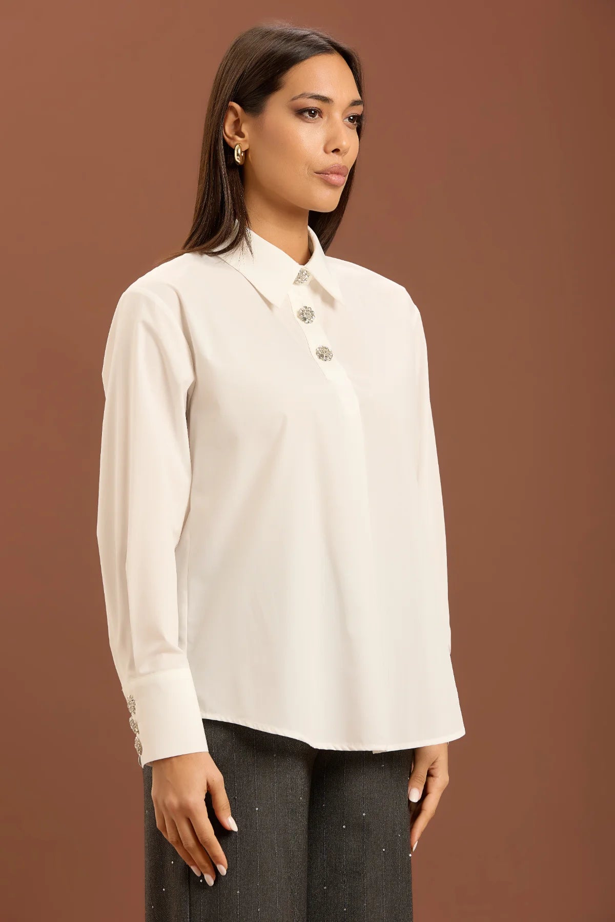 TAKE TWO - Camicia over in cotone con applicazione in strass donna