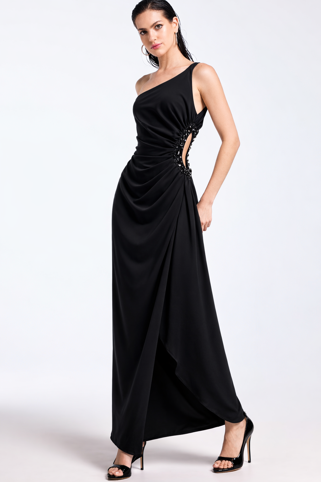DRAMEE - Abito nero in cady con pietre sul fianco donna