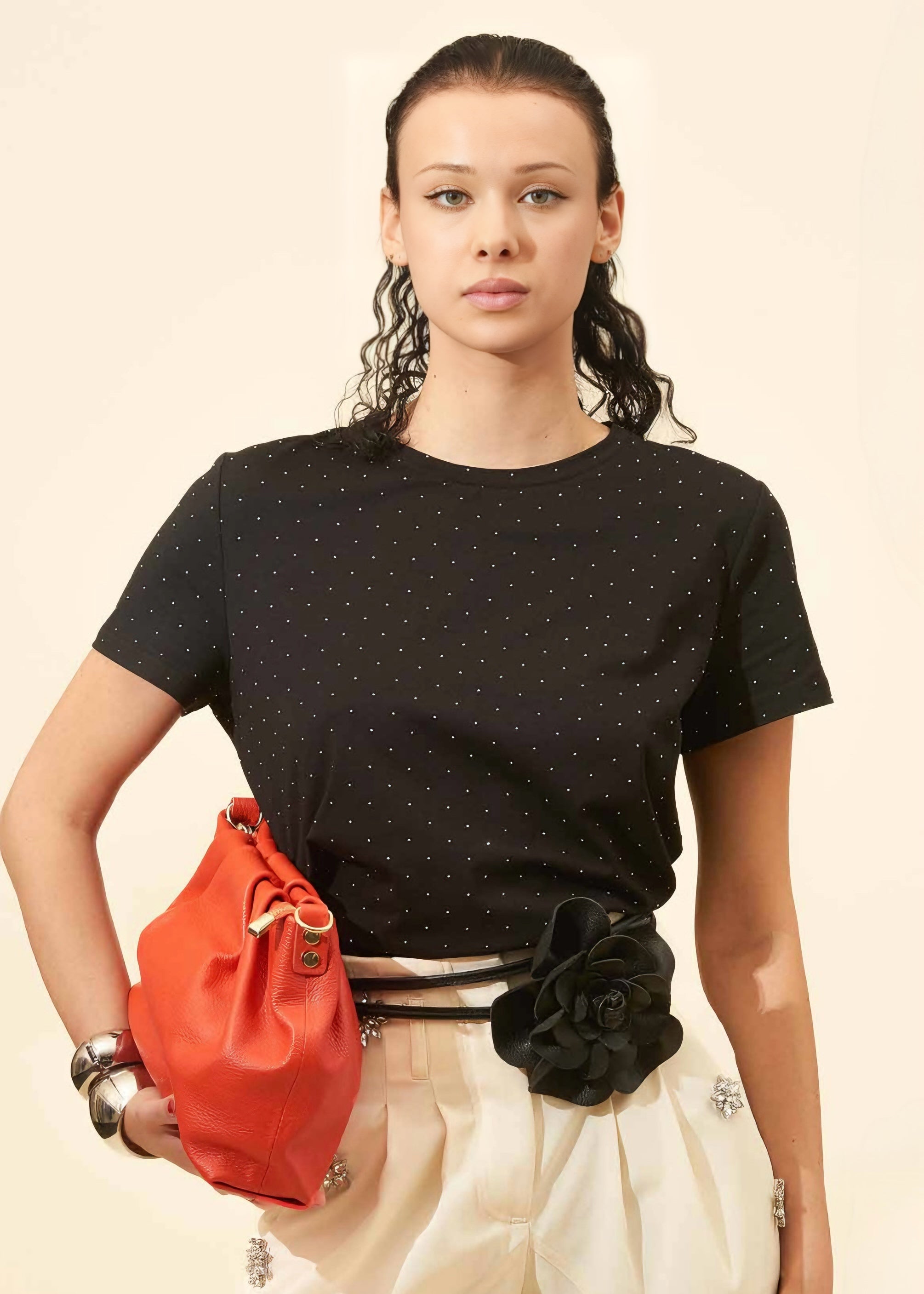 KORALLINE - T - shirt con strass georgette e intreccio donna