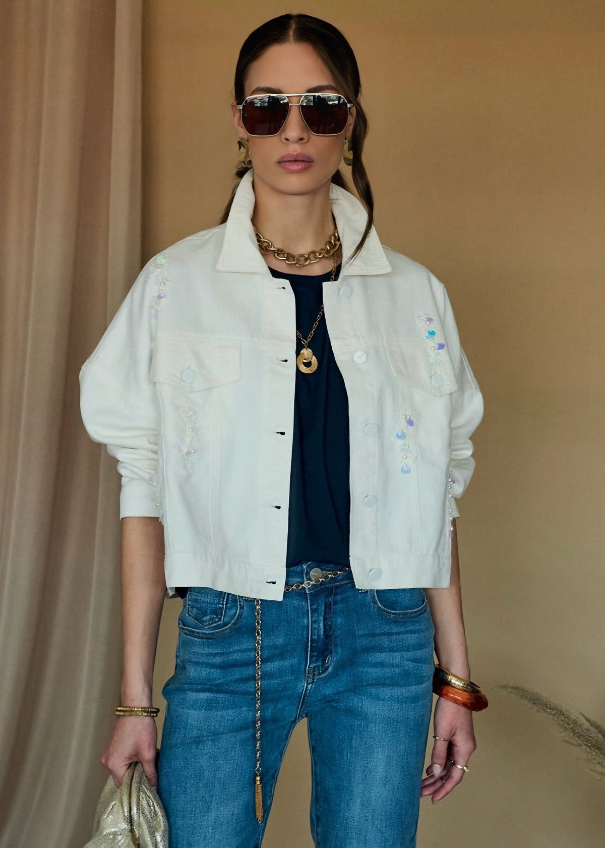 INFLUENCER - Giubbotto in denim con applicazione donna
