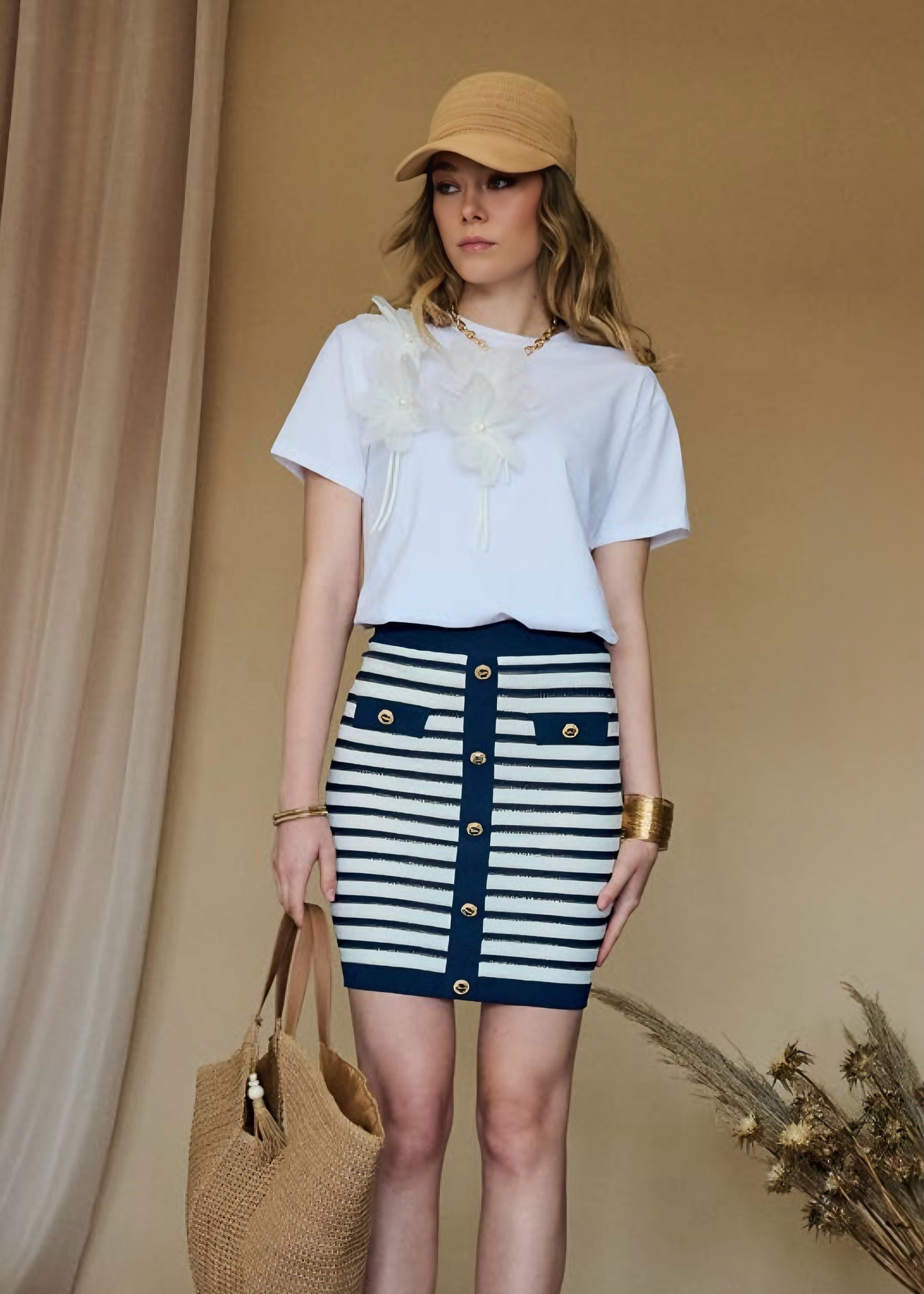 INFLUENCER - Gonna longuette a righe con bottoni oro donna