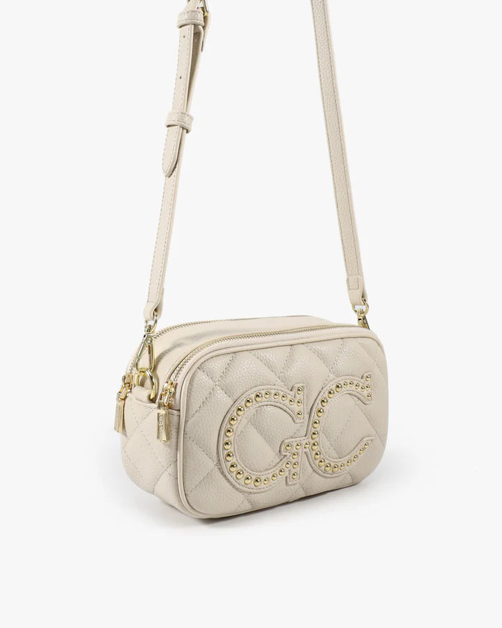 GIO CELLINI - Mini bag TORY crema con maxi logo con borchie argento